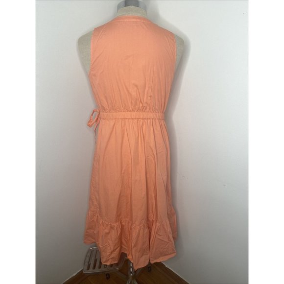 Talbots Cotton Wrap Dress Sz 10 Sleeveless Ruffle Tie Midi Coral Pink - Picture 6 of 11